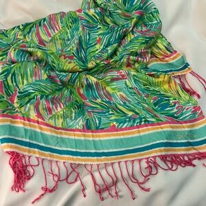 Lilly Pulitzer Murfee Colorful Tropical Print Fringe Scarf Pink Green Soft Rare